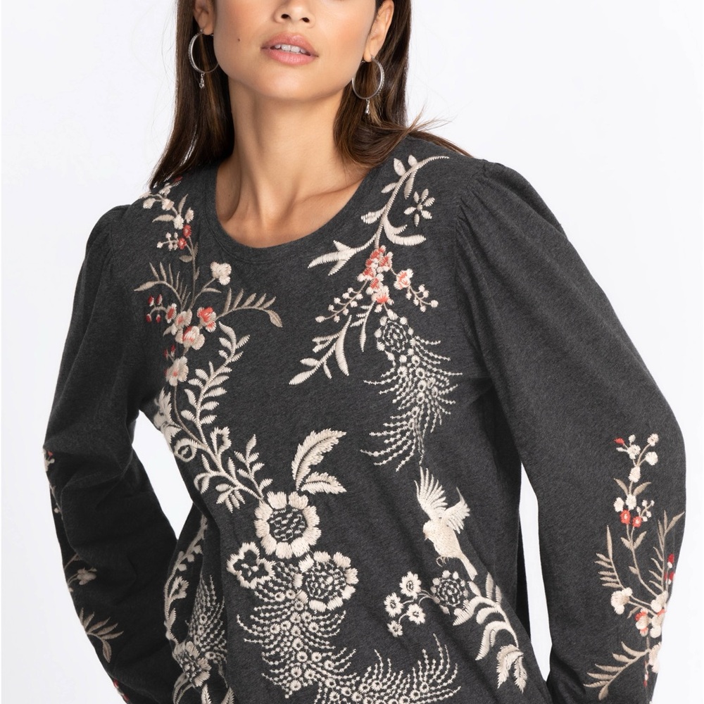 Johnny Was Charcoal Top with Floral Embroidery